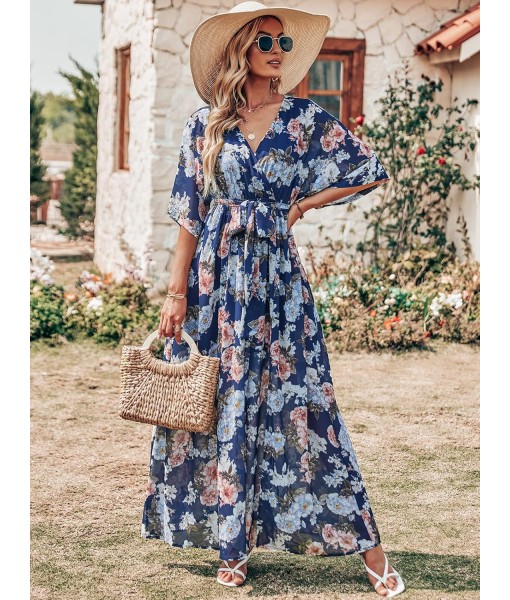 ANRABESS Women’s Summer Loose Boho Flowy Wrap V Neck 3/4 Sleeve Floral Print Slit Beach Wedding Guest Long Maxi Dresses