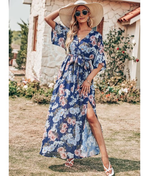 ANRABESS Women’s Summer Loose Boho Flowy Wrap V Neck 3/4 Sleeve Floral Print Slit Beach Wedding Guest Long Maxi Dresses