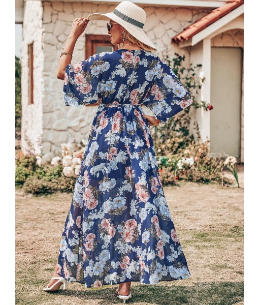 ANRABESS Women’s Summer Loose Boho Flowy Wrap V Neck 3/4 Sleeve Floral Print Slit Beach Wedding Guest Long Maxi Dresses