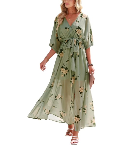 ANRABESS Women’s Summer Loose Boho Flowy Wrap V Neck 3/4 Sleeve Floral Print Slit Beach Wedding Guest Long Maxi Dresses