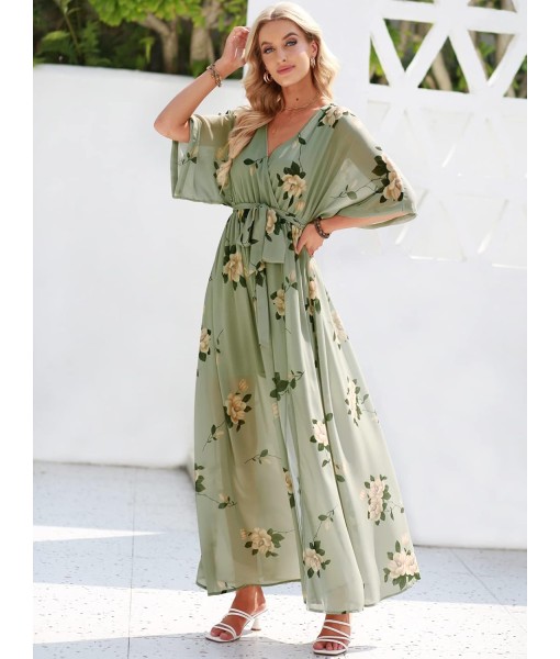 ANRABESS Women’s Summer Loose Boho Flowy Wrap V Neck 3/4 Sleeve Floral Print Slit Beach Wedding Guest Long Maxi Dresses