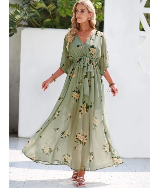 ANRABESS Women’s Summer Loose Boho Flowy Wrap V Neck 3/4 Sleeve Floral Print Slit Beach Wedding Guest Long Maxi Dresses