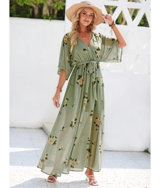 ANRABESS Women’s Summer Loose Boho Flowy Wrap V Neck 3/4 Sleeve Floral Print Slit Beach Wedding Guest Long Maxi Dresses