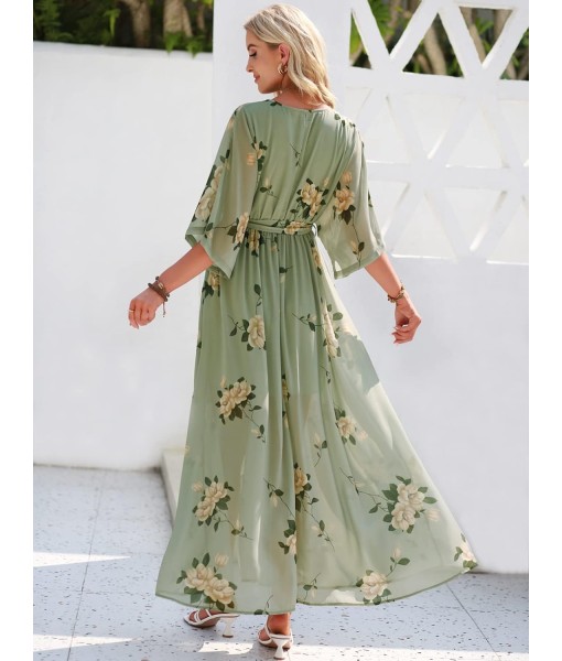 ANRABESS Women’s Summer Loose Boho Flowy Wrap V Neck 3/4 Sleeve Floral Print Slit Beach Wedding Guest Long Maxi Dresses