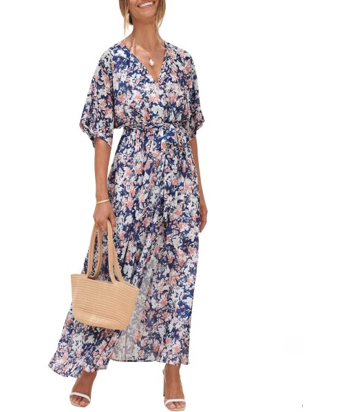 ANRABESS Women’s Summer Loose Boho Flowy Wrap V Neck 3/4 Sleeve Floral Print Slit Beach Wedding Guest Long Maxi Dresses