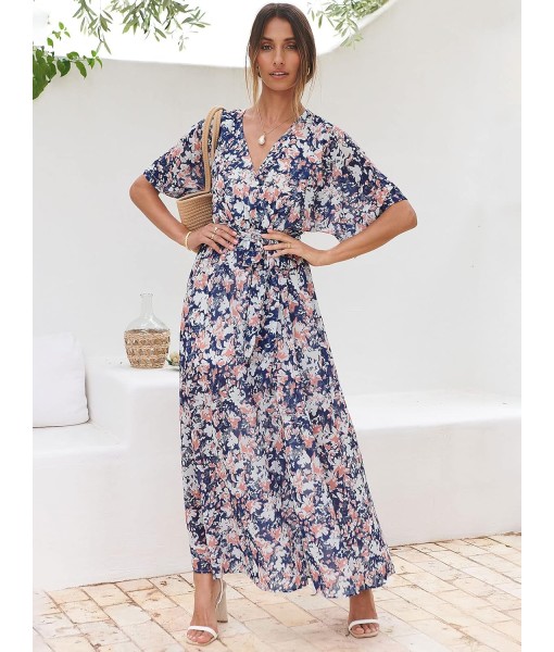ANRABESS Women’s Summer Loose Boho Flowy Wrap V Neck 3/4 Sleeve Floral Print Slit Beach Wedding Guest Long Maxi Dresses