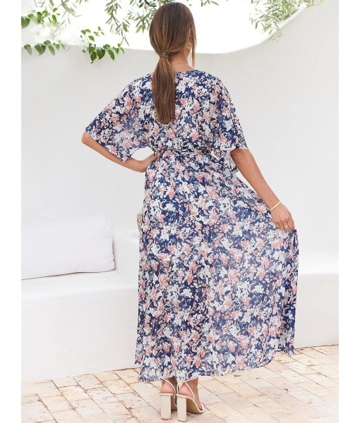 ANRABESS Women’s Summer Loose Boho Flowy Wrap V Neck 3/4 Sleeve Floral Print Slit Beach Wedding Guest Long Maxi Dresses
