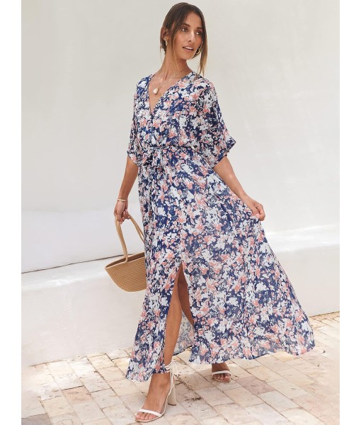 ANRABESS Women’s Summer Loose Boho Flowy Wrap V Neck 3/4 Sleeve Floral Print Slit Beach Wedding Guest Long Maxi Dresses