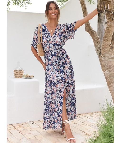 ANRABESS Women’s Summer Loose Boho Flowy Wrap V Neck 3/4 Sleeve Floral Print Slit Beach Wedding Guest Long Maxi Dresses