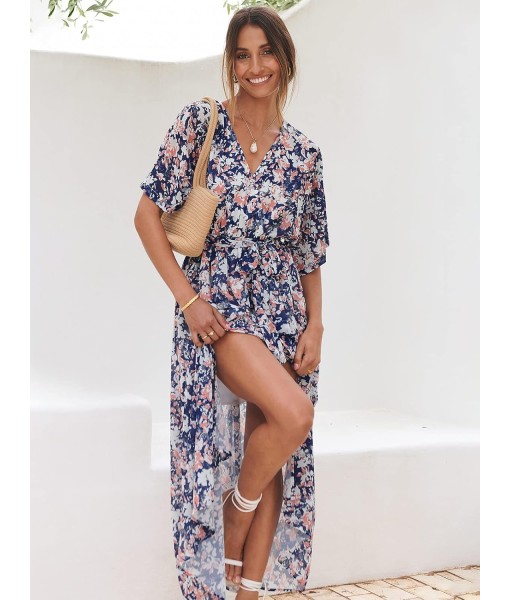 ANRABESS Women’s Summer Loose Boho Flowy Wrap V Neck 3/4 Sleeve Floral Print Slit Beach Wedding Guest Long Maxi Dresses