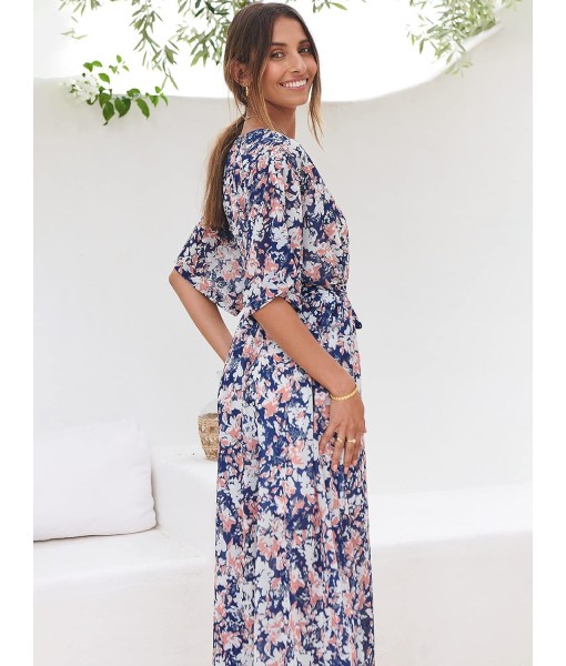 ANRABESS Women’s Summer Loose Boho Flowy Wrap V Neck 3/4 Sleeve Floral Print Slit Beach Wedding Guest Long Maxi Dresses