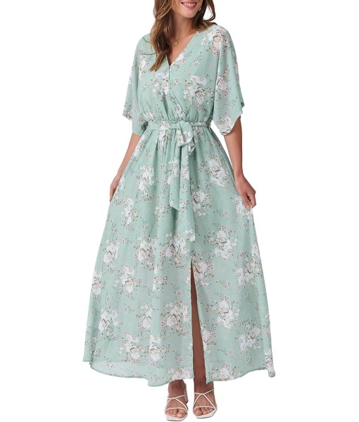 ANRABESS Women’s Summer Loose Boho Flowy Wrap V Neck 3/4 Sleeve Floral Print Slit Beach Wedding Guest Long Maxi Dresses