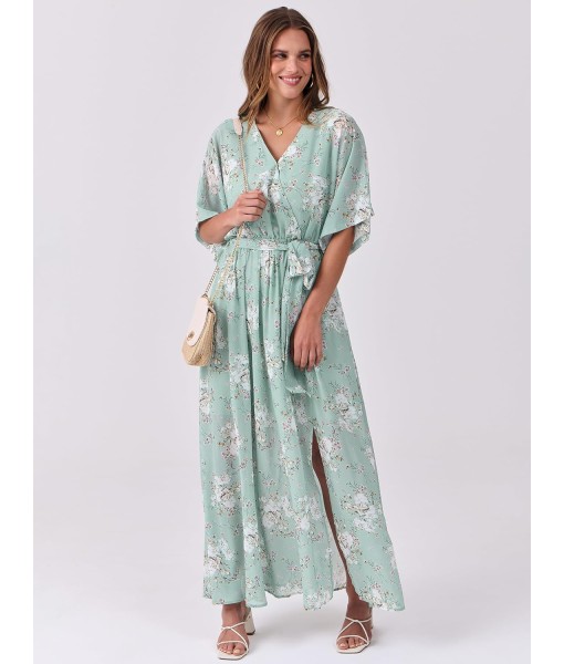 ANRABESS Women’s Summer Loose Boho Flowy Wrap V Neck 3/4 Sleeve Floral Print Slit Beach Wedding Guest Long Maxi Dresses