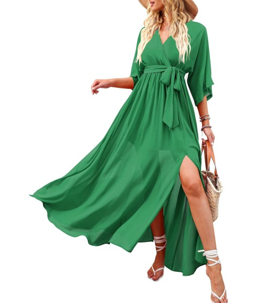 ANRABESS Women’s Summer Loose Boho Flowy Wrap V Neck 3/4 Sleeve Floral Print Slit Beach Wedding Guest Long Maxi Dresses