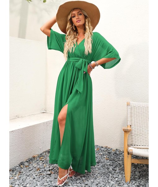 ANRABESS Women’s Summer Loose Boho Flowy Wrap V Neck 3/4 Sleeve Floral Print Slit Beach Wedding Guest Long Maxi Dresses