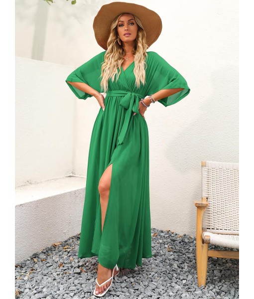 ANRABESS Women’s Summer Loose Boho Flowy Wrap V Neck 3/4 Sleeve Floral Print Slit Beach Wedding Guest Long Maxi Dresses