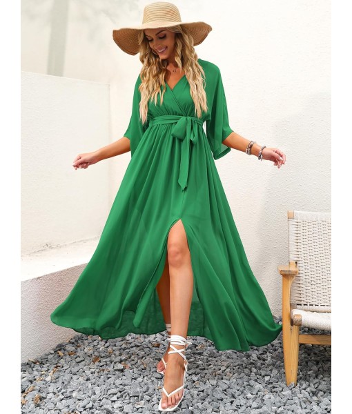 ANRABESS Women’s Summer Loose Boho Flowy Wrap V Neck 3/4 Sleeve Floral Print Slit Beach Wedding Guest Long Maxi Dresses
