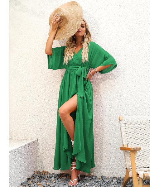 ANRABESS Women’s Summer Loose Boho Flowy Wrap V Neck 3/4 Sleeve Floral Print Slit Beach Wedding Guest Long Maxi Dresses