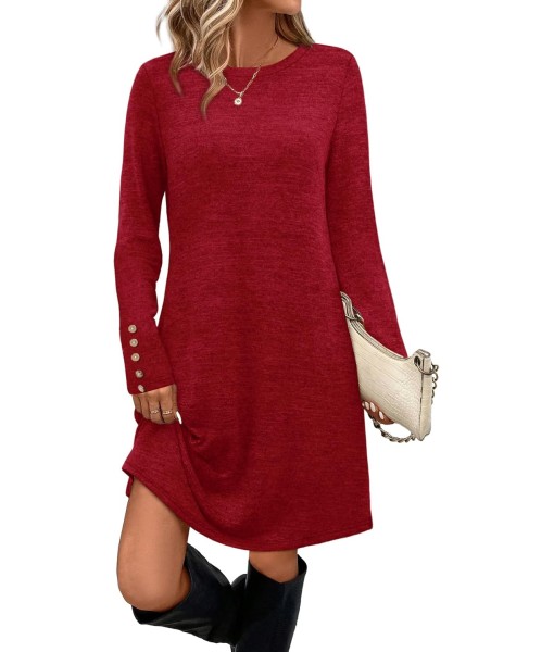 OFEEFAN Long Sleeve Dress for Women Crew Neck Tunic Dress with Pockets Decorative Buttons