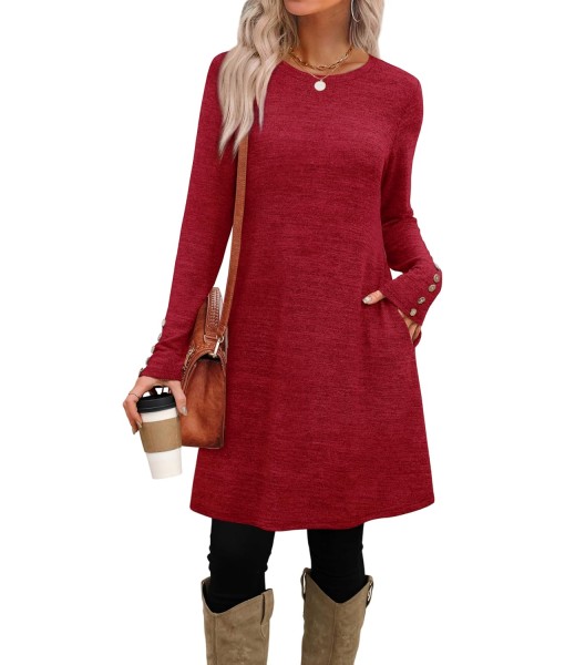 OFEEFAN Long Sleeve Dress for Women Crew Neck Tunic Dress with Pockets Decorative Buttons
