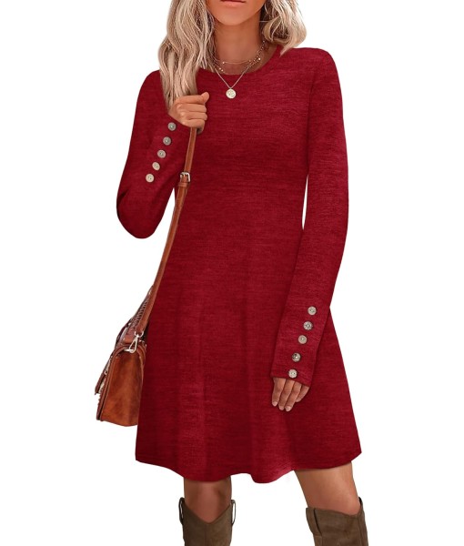 OFEEFAN Long Sleeve Dress for Women Crew Neck Tunic Dress with Pockets Decorative Buttons