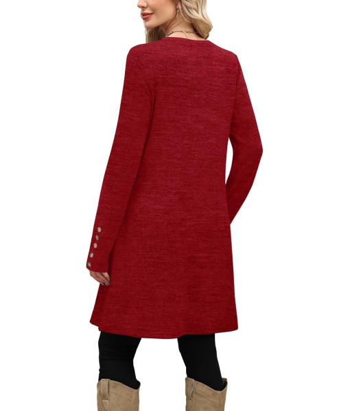 OFEEFAN Long Sleeve Dress for Women Crew Neck Tunic Dress with Pockets Decorative Buttons