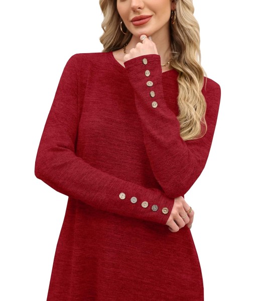 OFEEFAN Long Sleeve Dress for Women Crew Neck Tunic Dress with Pockets Decorative Buttons