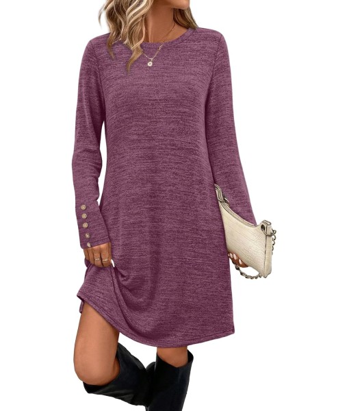 OFEEFAN Long Sleeve Dress for Women Crew Neck Tunic Dress with Pockets Decorative Buttons