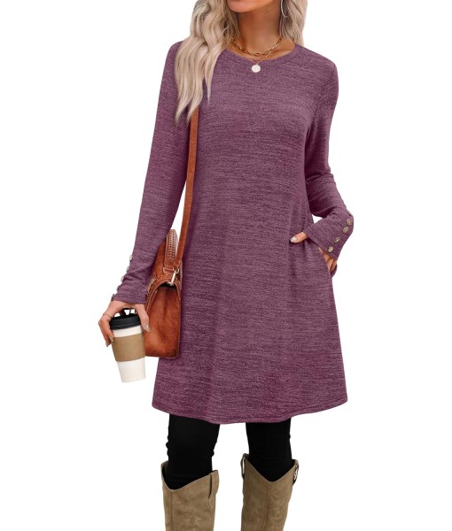 OFEEFAN Long Sleeve Dress for Women Crew Neck Tunic Dress with Pockets Decorative Buttons