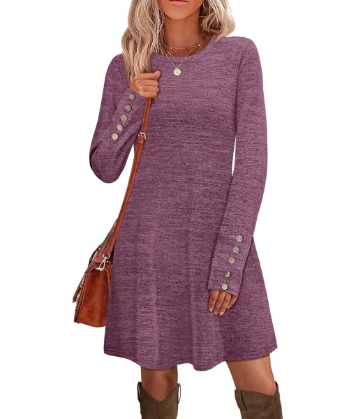 OFEEFAN Long Sleeve Dress for Women Crew Neck Tunic Dress with Pockets Decorative Buttons