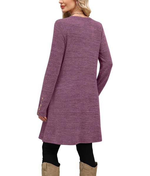 OFEEFAN Long Sleeve Dress for Women Crew Neck Tunic Dress with Pockets Decorative Buttons