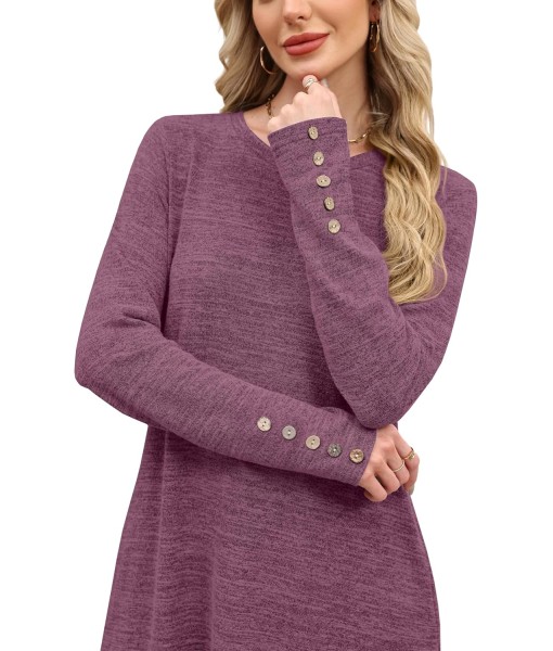OFEEFAN Long Sleeve Dress for Women Crew Neck Tunic Dress with Pockets Decorative Buttons