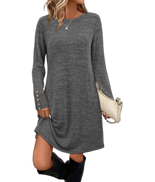 OFEEFAN Long Sleeve Dress for Women Crew Neck Tunic Dress with Pockets Decorative Buttons