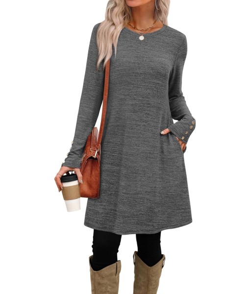 OFEEFAN Long Sleeve Dress for Women Crew Neck Tunic Dress with Pockets Decorative Buttons