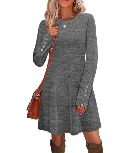 OFEEFAN Long Sleeve Dress for Women Crew Neck Tunic Dress with Pockets Decorative Buttons