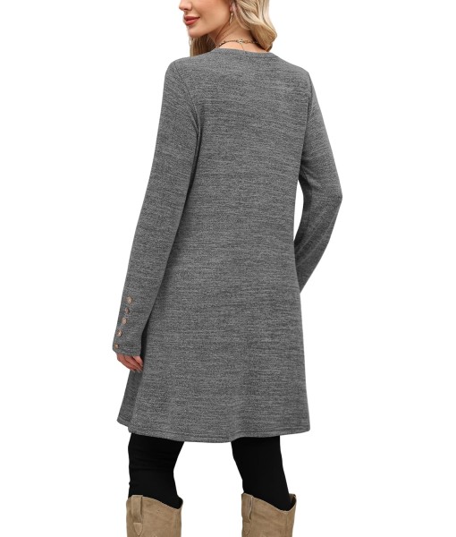 OFEEFAN Long Sleeve Dress for Women Crew Neck Tunic Dress with Pockets Decorative Buttons