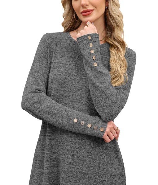 OFEEFAN Long Sleeve Dress for Women Crew Neck Tunic Dress with Pockets Decorative Buttons