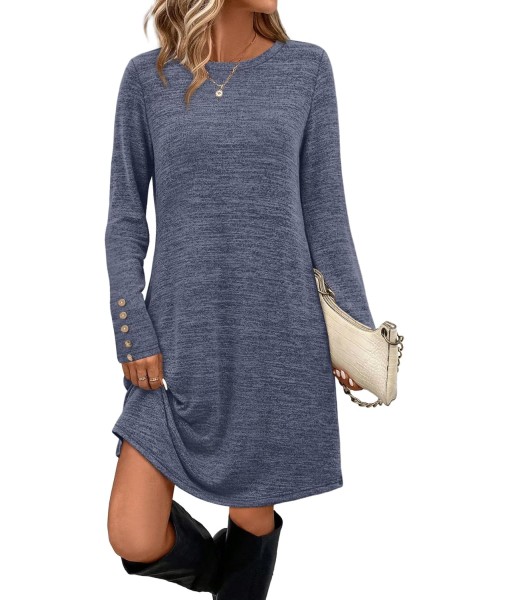 OFEEFAN Long Sleeve Dress for Women Crew Neck Tunic Dress with Pockets Decorative Buttons
