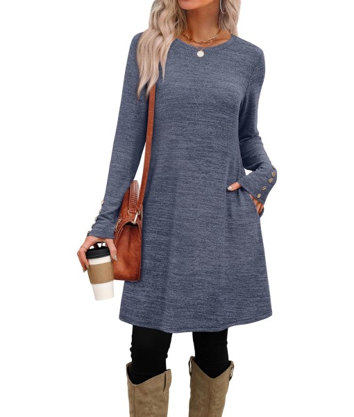 OFEEFAN Long Sleeve Dress for Women Crew Neck Tunic Dress with Pockets Decorative Buttons