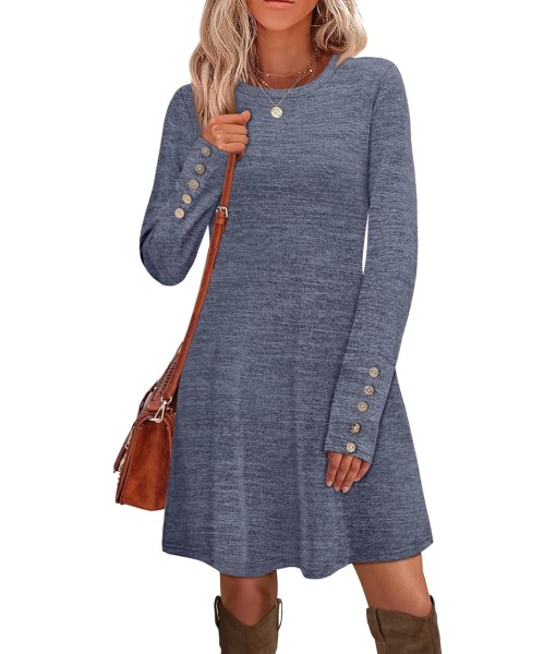OFEEFAN Long Sleeve Dress for Women Crew Neck Tunic Dress with Pockets Decorative Buttons