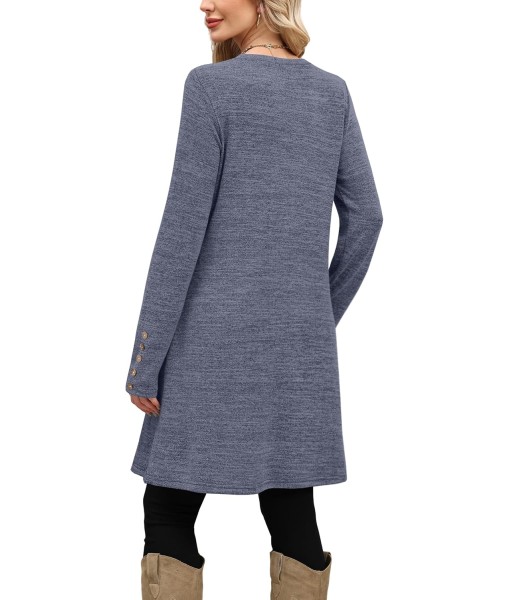 OFEEFAN Long Sleeve Dress for Women Crew Neck Tunic Dress with Pockets Decorative Buttons
