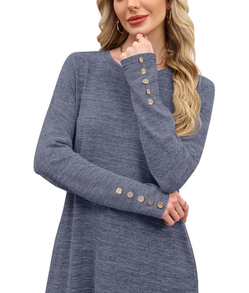 OFEEFAN Long Sleeve Dress for Women Crew Neck Tunic Dress with Pockets Decorative Buttons