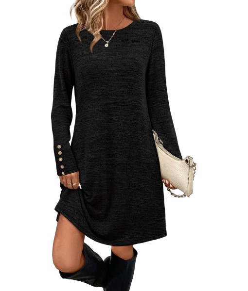 OFEEFAN Long Sleeve Dress for Women Crew Neck Tunic Dress with Pockets Decorative Buttons