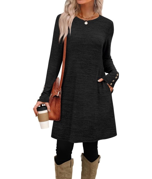 OFEEFAN Long Sleeve Dress for Women Crew Neck Tunic Dress with Pockets Decorative Buttons
