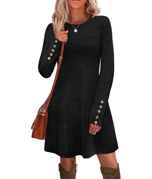 OFEEFAN Long Sleeve Dress for Women Crew Neck Tunic Dress with Pockets Decorative Buttons
