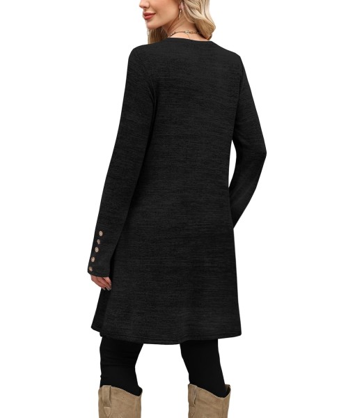 OFEEFAN Long Sleeve Dress for Women Crew Neck Tunic Dress with Pockets Decorative Buttons