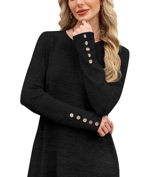 OFEEFAN Long Sleeve Dress for Women Crew Neck Tunic Dress with Pockets Decorative Buttons