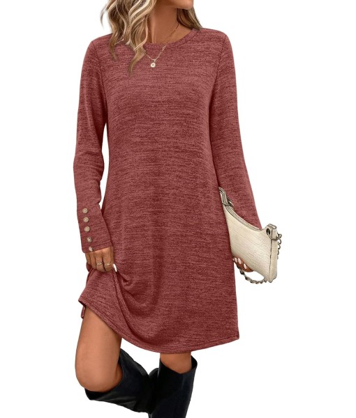 OFEEFAN Long Sleeve Dress for Women Crew Neck Tunic Dress with Pockets Decorative Buttons