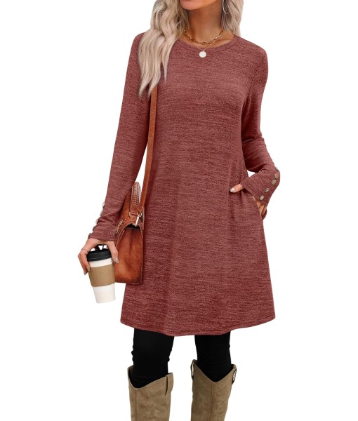 OFEEFAN Long Sleeve Dress for Women Crew Neck Tunic Dress with Pockets Decorative Buttons