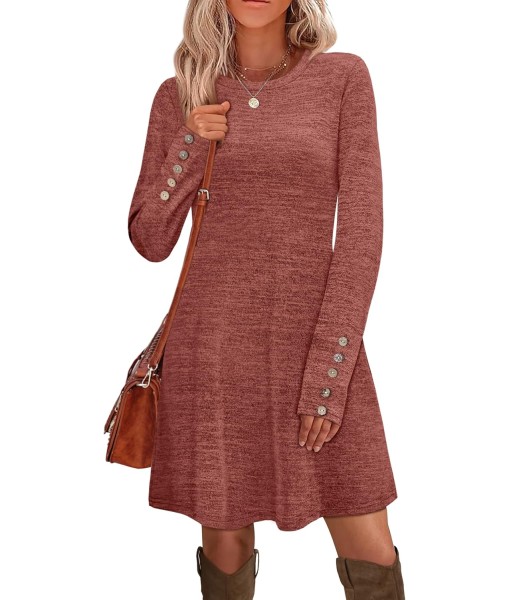 OFEEFAN Long Sleeve Dress for Women Crew Neck Tunic Dress with Pockets Decorative Buttons